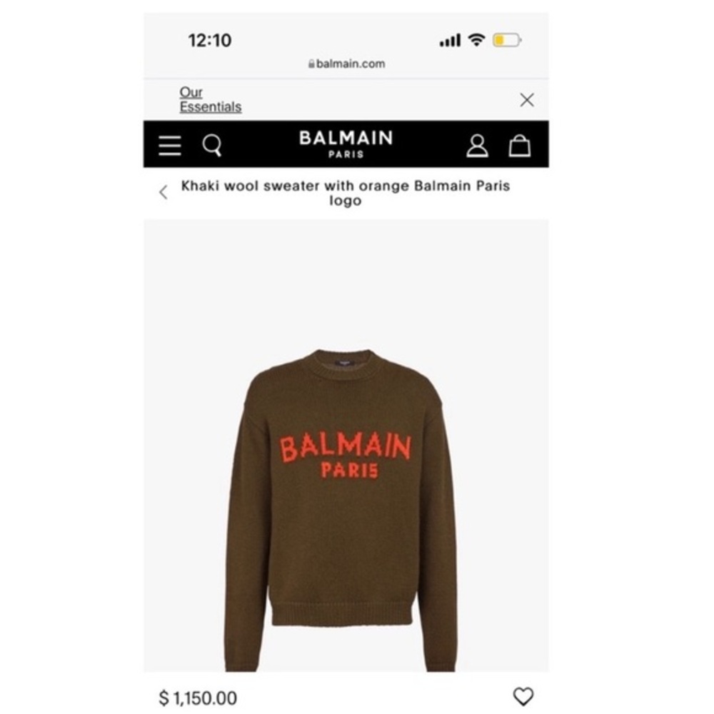 NWT Balmain Wool Sweater, Olive Green with Orange BALMAIN PARIS, Sz S